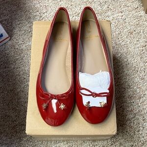 Sam Edelman Red Patent Leather Ballet Flats with Bow & Gold Charm